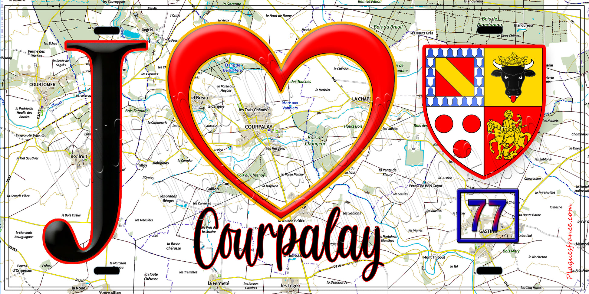 Plaque métal décorative  J' ❤️Courpalay, Seine et Marne (77) fond carte