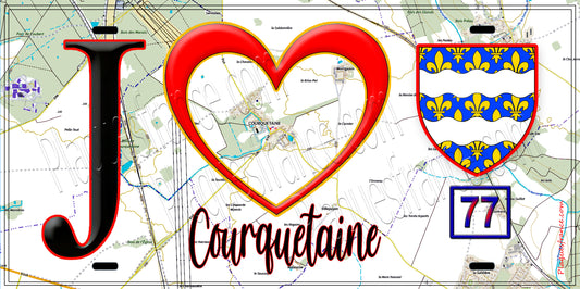 Plaque métal décorative  J' ❤️Courquetaine, Seine et Marne (77) fond carte
