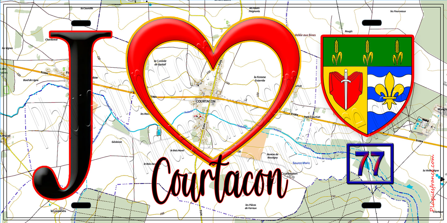 Plaque métal décorative  J' ❤️Courtacon, Seine et Marne (77) fond carte