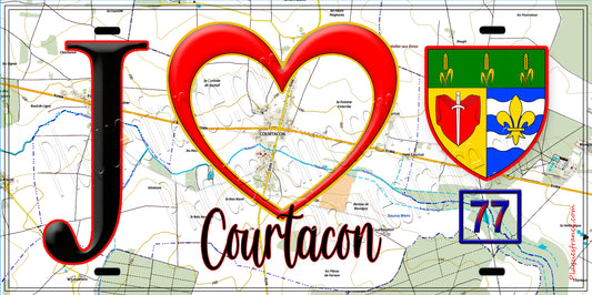 Plaque métal décorative  J' ❤️Courtacon, Seine et Marne (77) fond carte