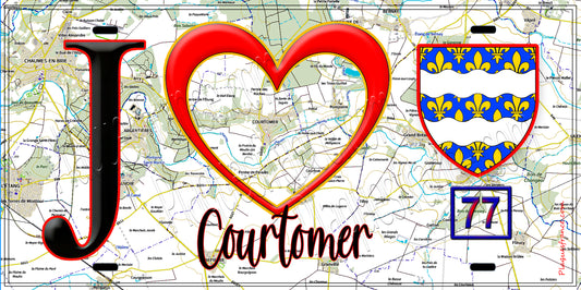 Plaque métal décorative  J' ❤️Courtomer, Seine et Marne (77) fond carte