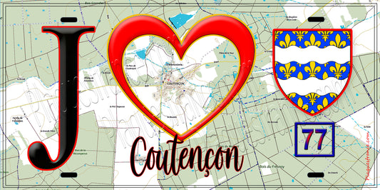 Plaque métal décorative  J' ❤️Coutençon, Seine et Marne (77) fond carte