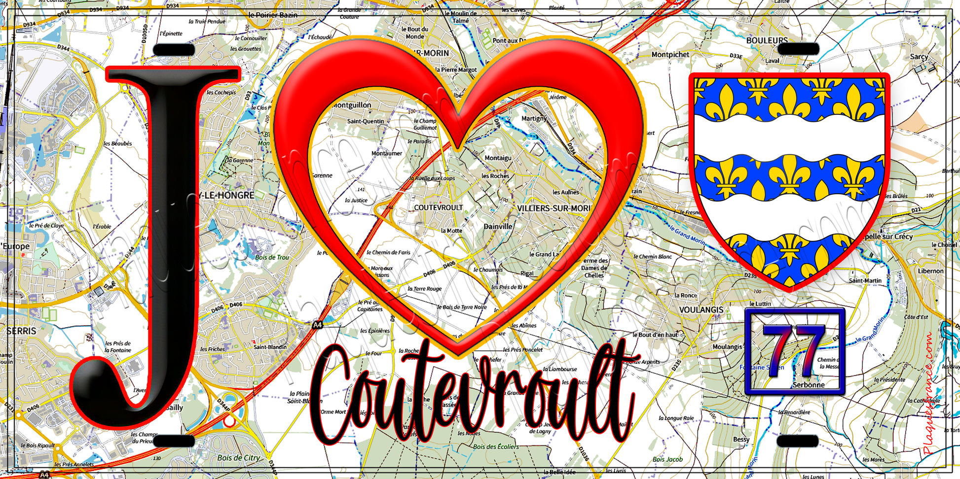 Plaque métal décorative  J' ❤️Coutevroult, Seine et Marne (77) fond carte