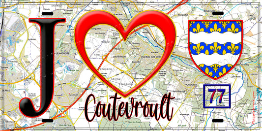 Plaque métal décorative  J' ❤️Coutevroult, Seine et Marne (77) fond carte