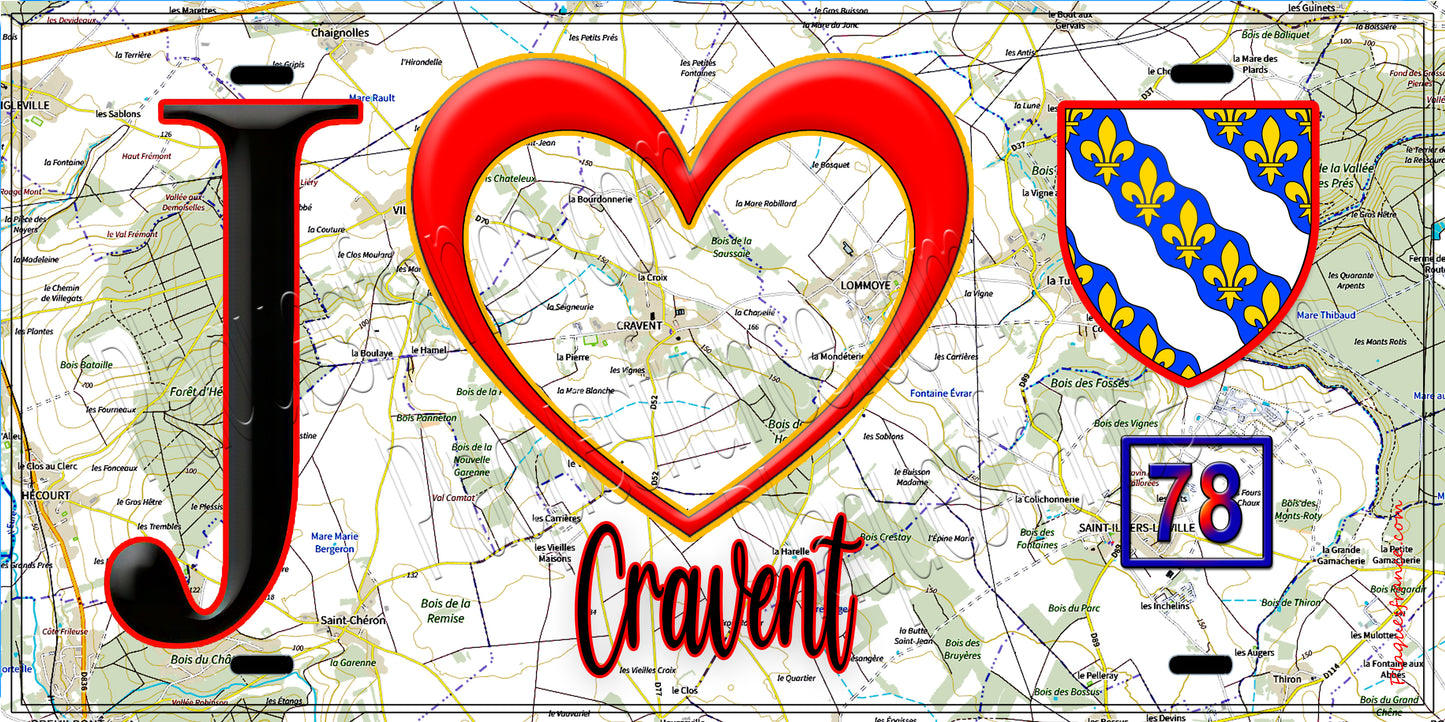 Plaque métal décorative  J' ❤️ Cravent, Yvelines (78)