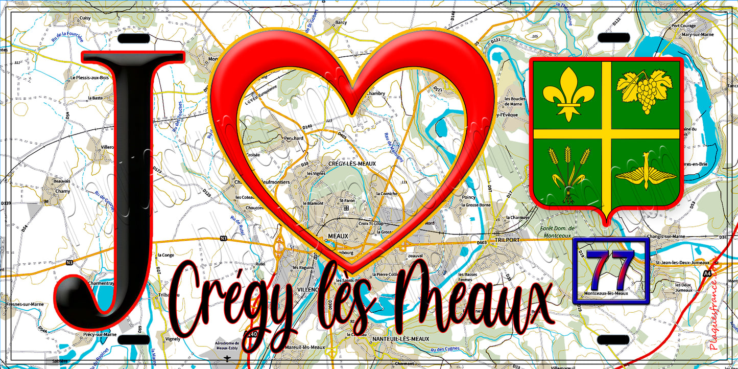 Plaque métal décorative  J' ❤️Crégy-lès-Meaux, Seine et Marne (77) fond carte