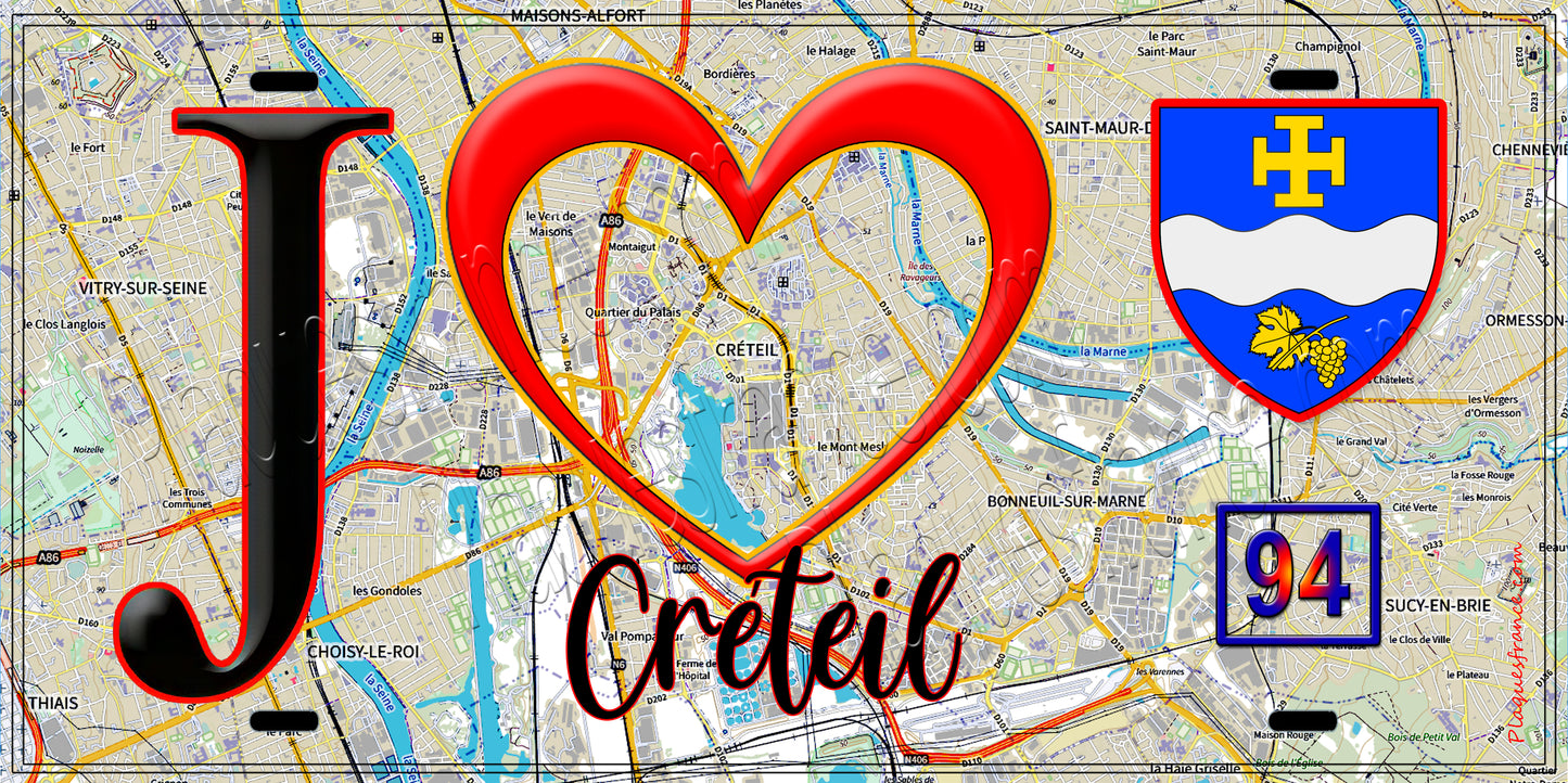 Plaque métal décorative  J' ❤️Créteil, Val de Marne (94) fond carte