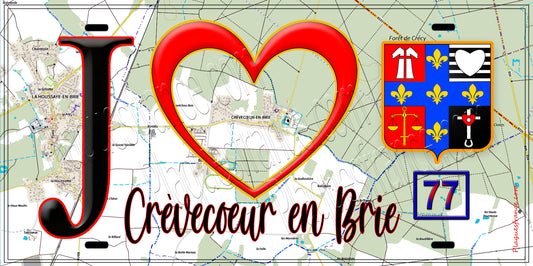 Plaque métal décorative  J' ❤️Crèvecœur-en-Brie, Seine et Marne (77) fond carte