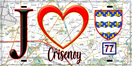 Plaque métal décorative  J' ❤️Crisenoy, Seine et Marne (77) fond carte