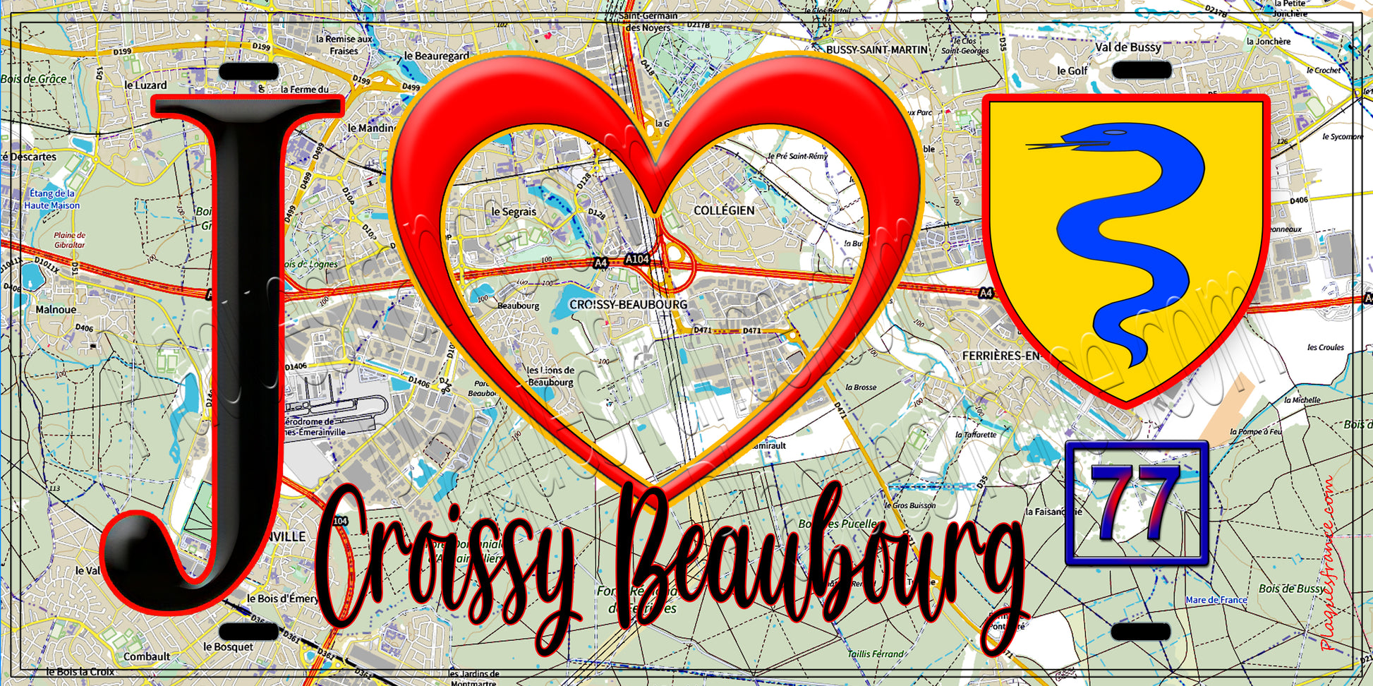 Plaque métal décorative  J' ❤️Croissy-Beaubourg, Seine et Marne (77) fond carte