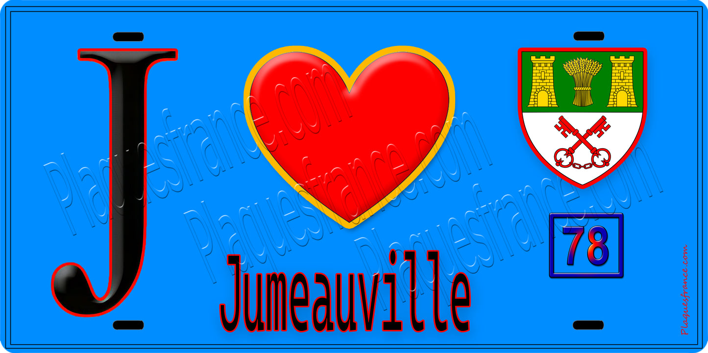 Plaque métal décorative  J' ❤️ Jumeauville, Yvelines (78) fond beu
