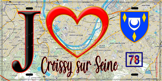 Plaque métal décorative  J' ❤️ Croissy-sur-Seine, Yvelines (78) fond carte