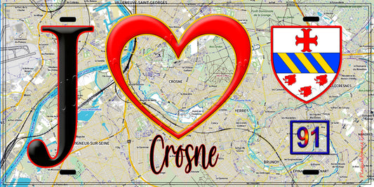 Plaque métal décorative  J' ❤️Crosne, Essonne (91) fond carte