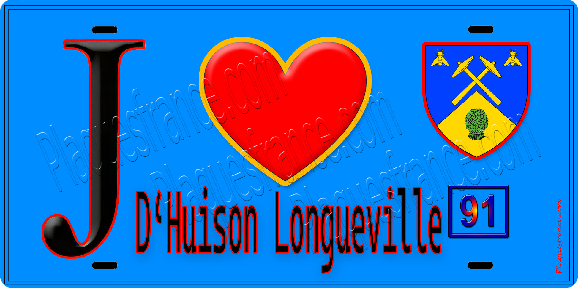 Plaque métal décorative  J' ❤️D'Huison-Longueville, Essonne (91) fond bleu