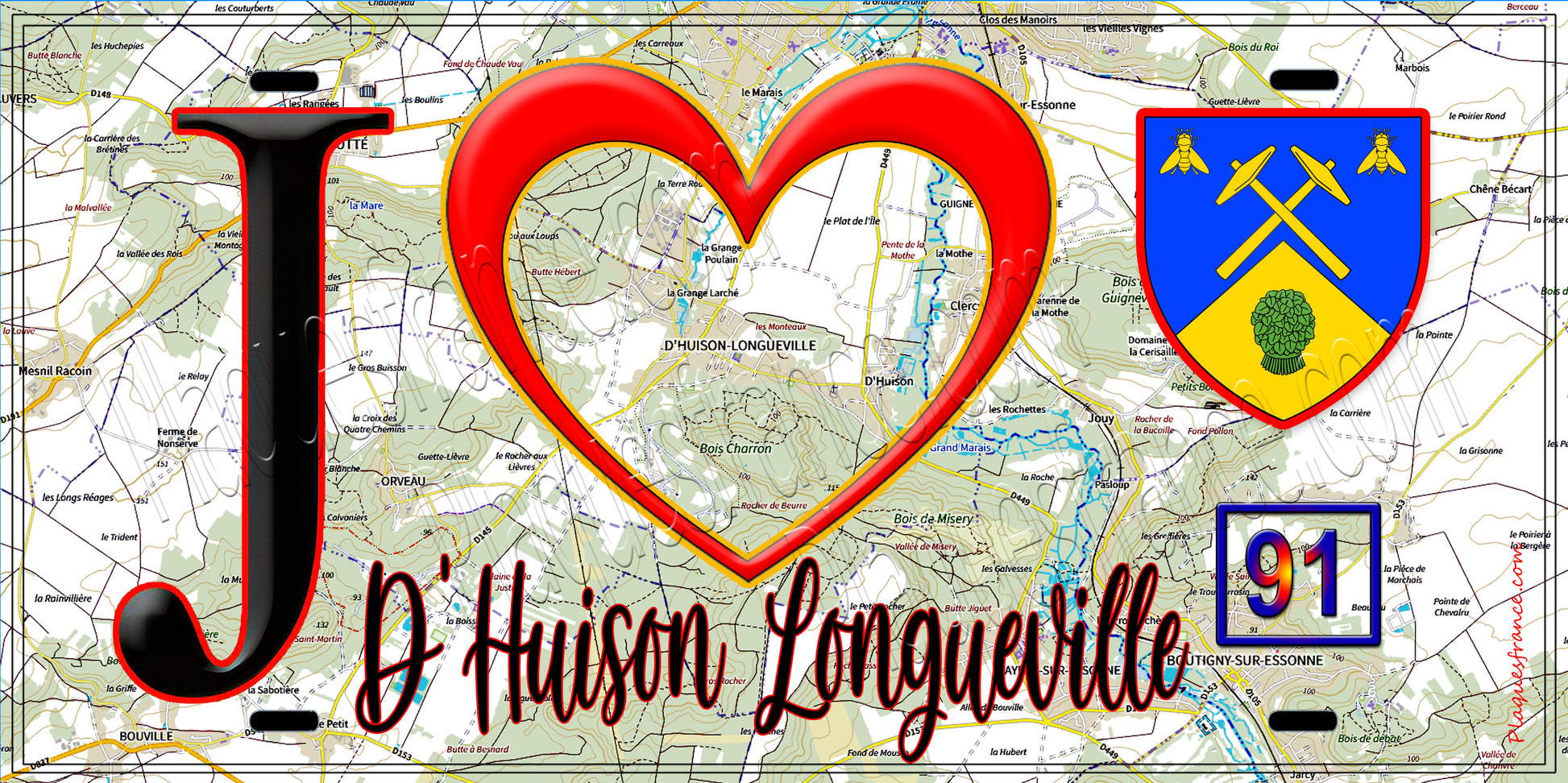 Plaque métal décorative  J' ❤️D'Huison-Longueville, Essonne (91) fond carte