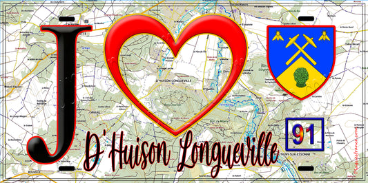 Plaque métal décorative  J' ❤️D'Huison-Longueville, Essonne (91) fond carte