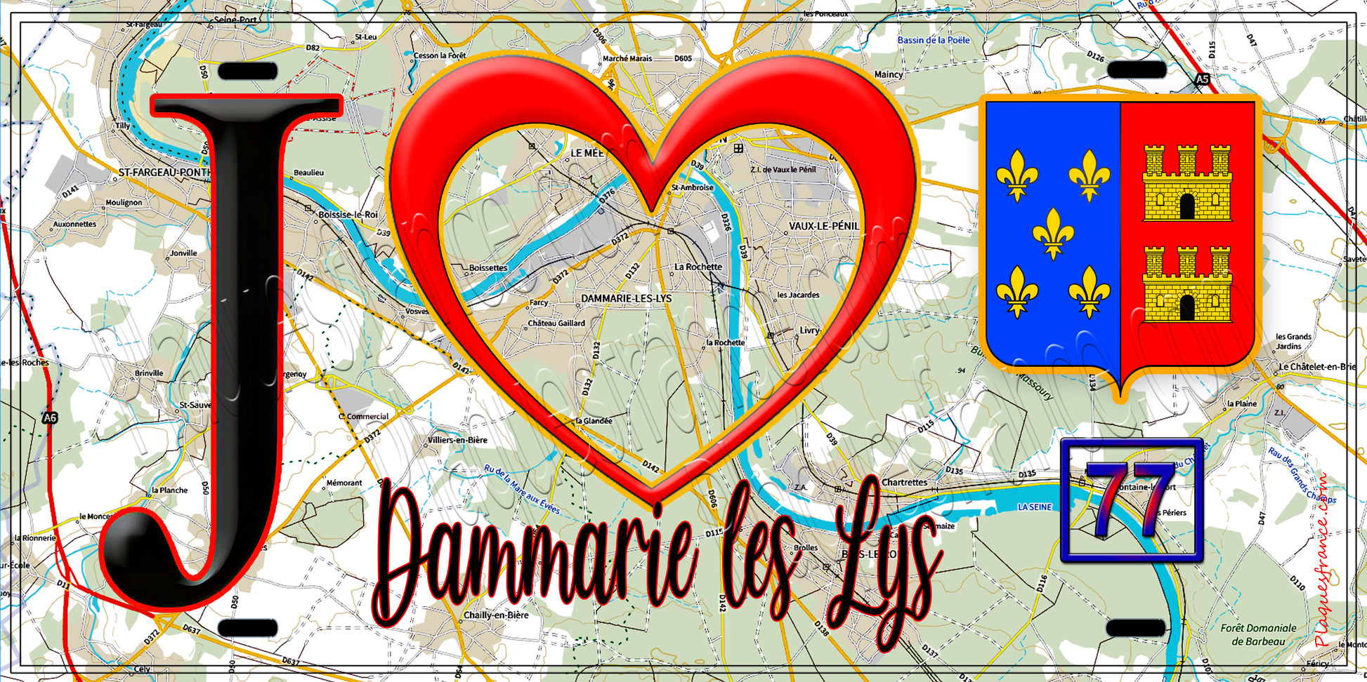 Plaque métal décorative  J' ❤️Dammarie-les-Lys, Seine et Marne (77) fond carte