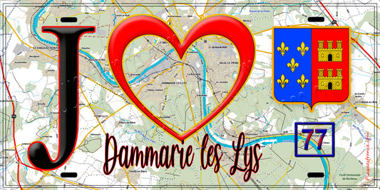 Plaque métal décorative  J' ❤️Dammarie-les-Lys, Seine et Marne (77) fond carte