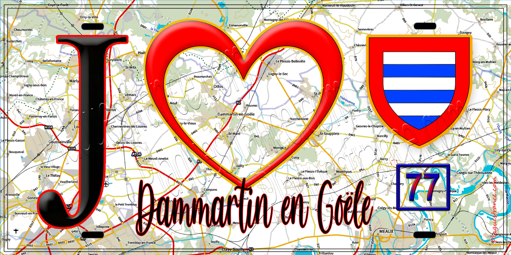 Plaque métal décorative  J' ❤️Dammartin-en-Goële, Seine et Marne (77) fond carte