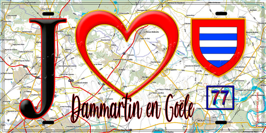 Plaque métal décorative  J' ❤️Dammartin-en-Goële, Seine et Marne (77) fond carte