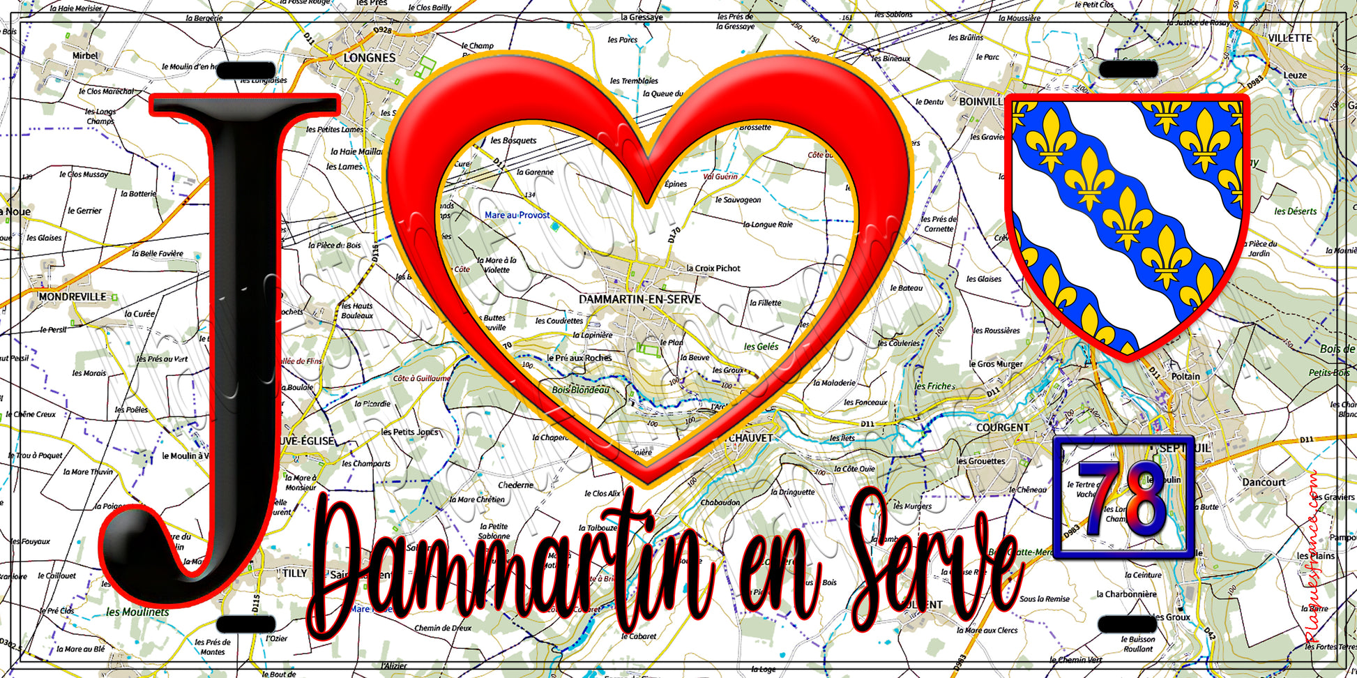 Plaque métal décorative  J' ❤️ Dammartin-en-Serve, Yvelines (78) fond carte