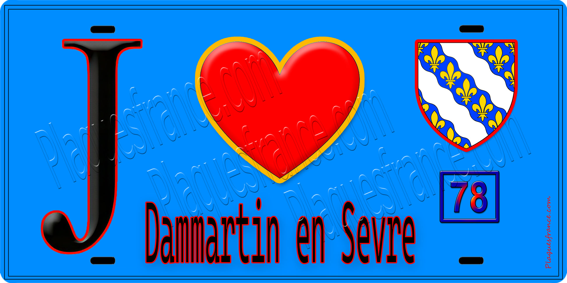 Plaque métal décorative  J' ❤️ Dammartin-en-Serve, Yvelines (78) fond bleu