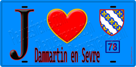 Plaque métal décorative  J' ❤️ Dammartin-en-Serve, Yvelines (78) fond bleu