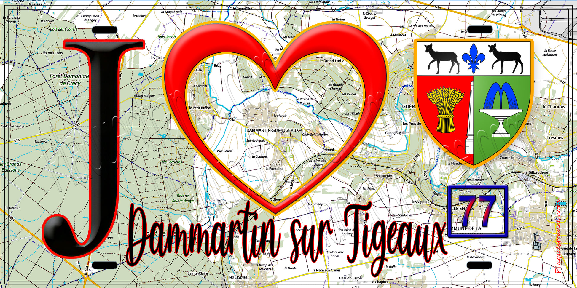 Plaque métal décorative  J' ❤️Dammartin-sur-Tigeaux, Seine et Marne (77) fond carte