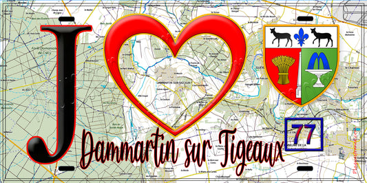 Plaque métal décorative  J' ❤️Dammartin-sur-Tigeaux, Seine et Marne (77) fond carte
