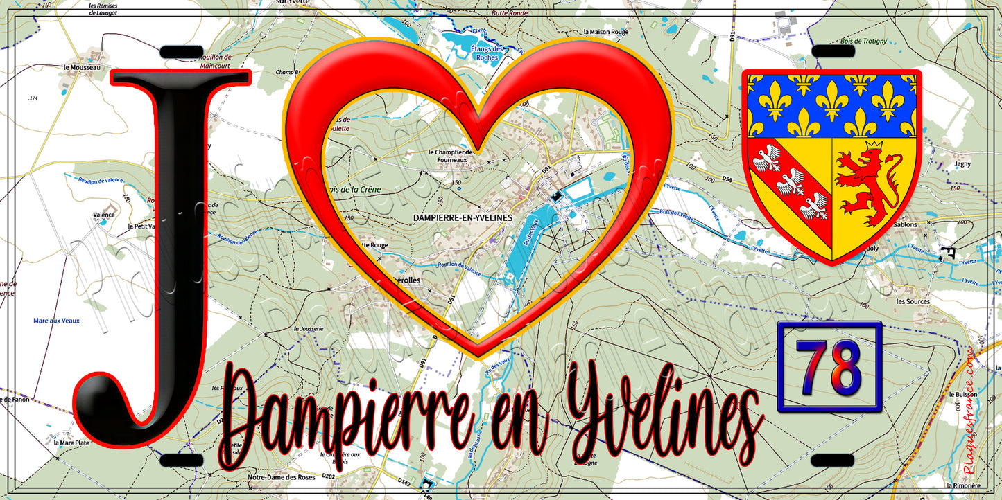 Plaque métal décorative  J' ❤️ Dampierre-en-Yvelines, Yvelines (78) fond carte