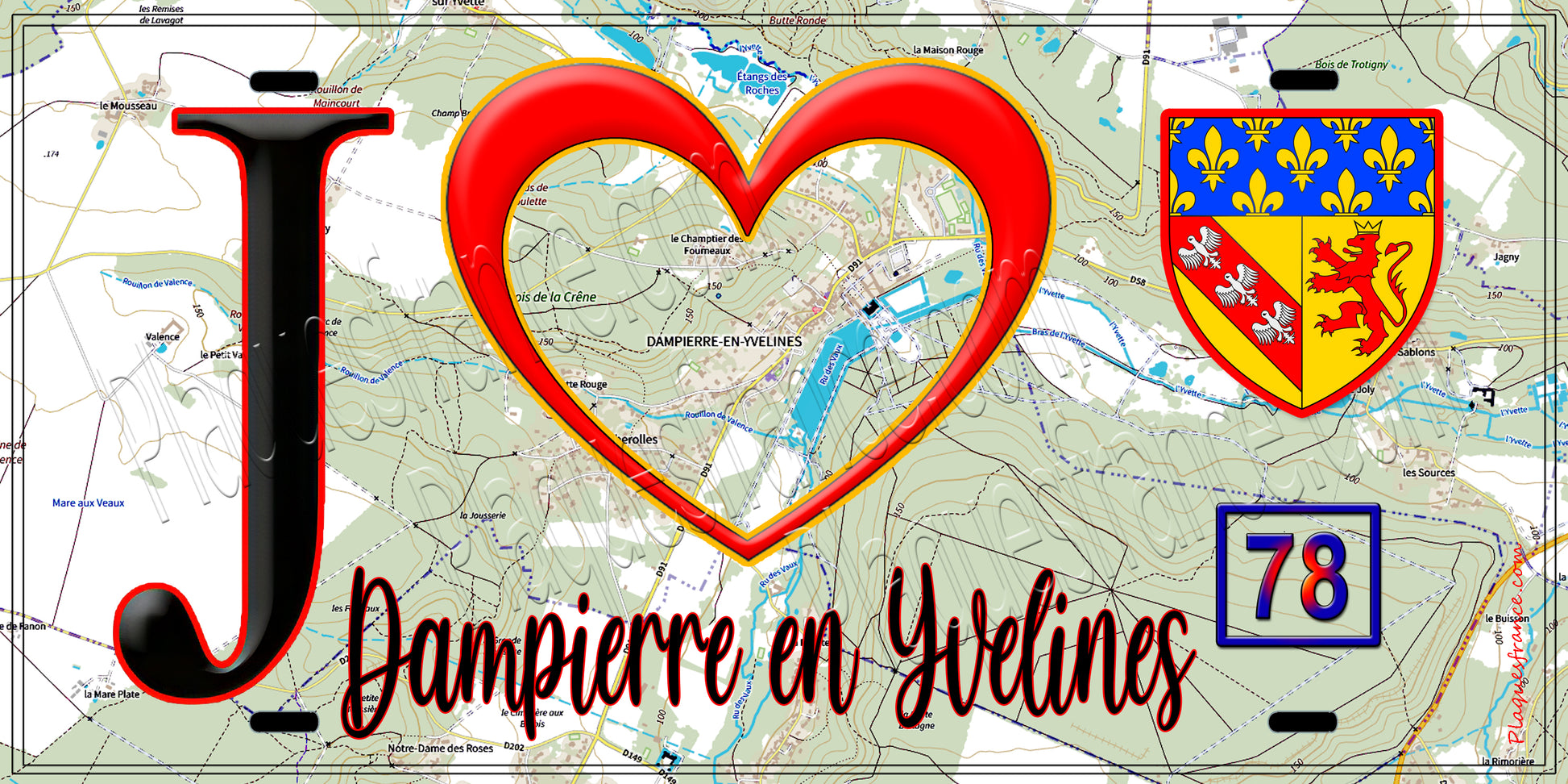 Plaque métal décorative  J' ❤️ Dampierre-en-Yvelines, Yvelines (78) fond carte