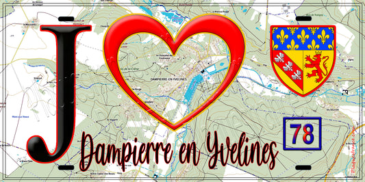 Plaque métal décorative  J' ❤️ Dampierre-en-Yvelines, Yvelines (78) fond carte