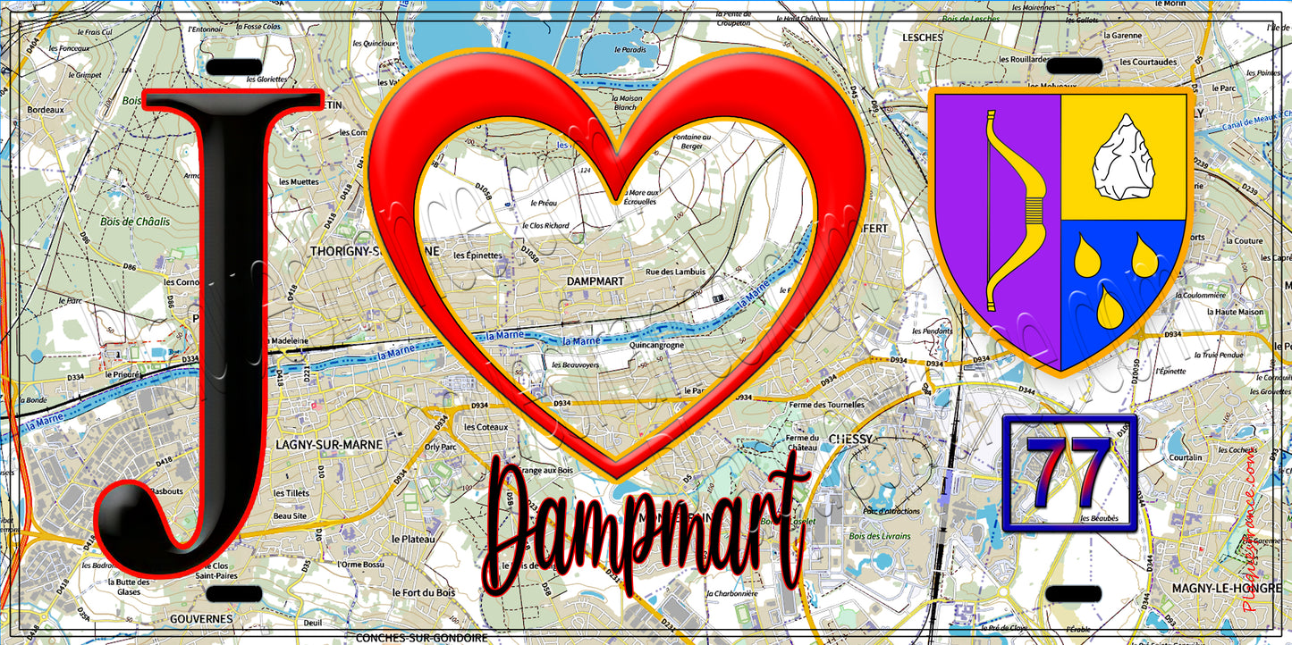 Plaque métal décorative  J' ❤️Dampmart, Seine et Marne (77) fond carte