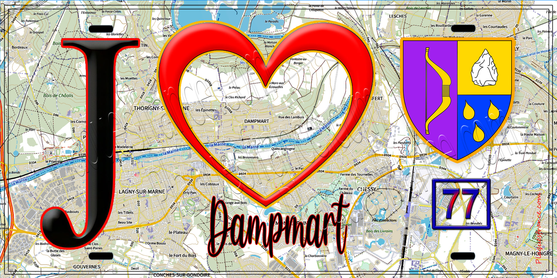 Plaque métal décorative  J' ❤️Dampmart, Seine et Marne (77) fond carte