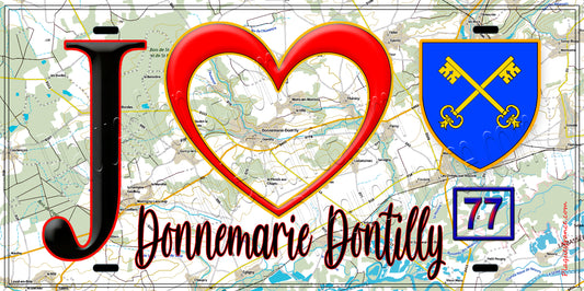 Plaque métal décorative  J' ❤️Donnemarie-Dontilly, Seine et Marne (77) fond carte