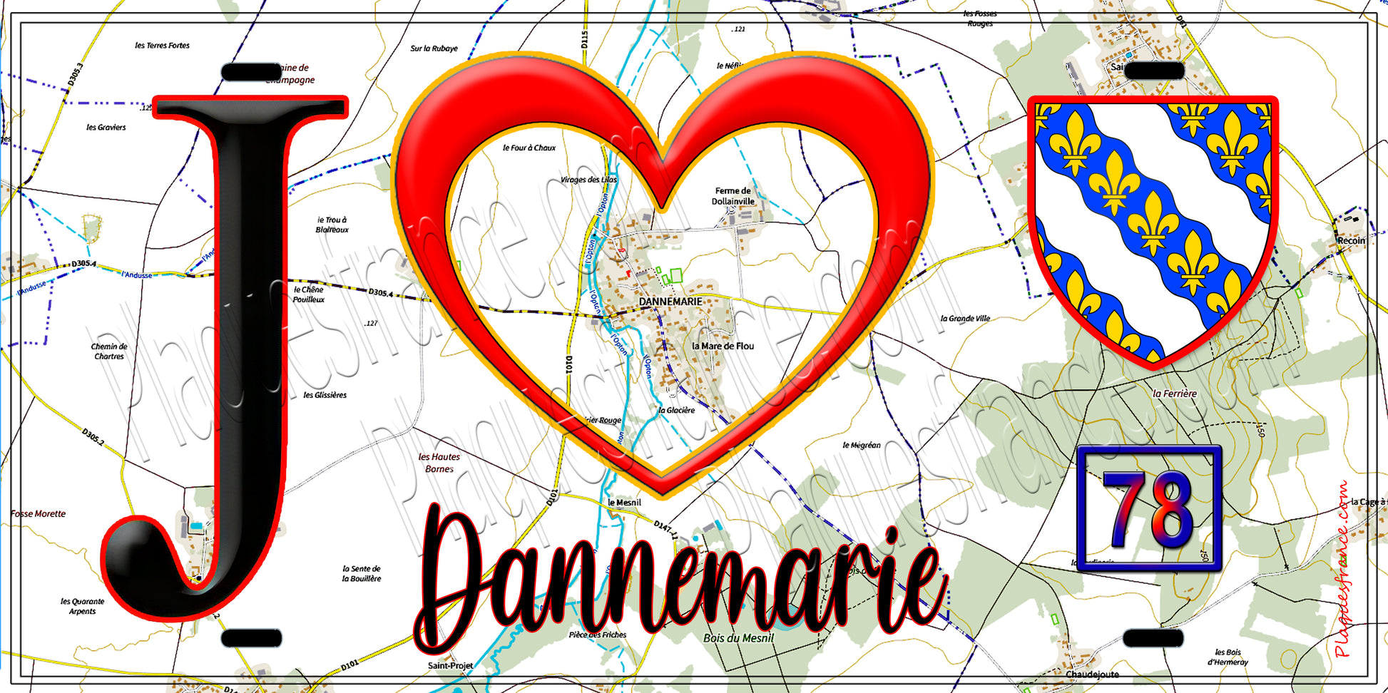 Plaque métal décorative  J' ❤️ Dannemarie, Yvelines (78) fond carte