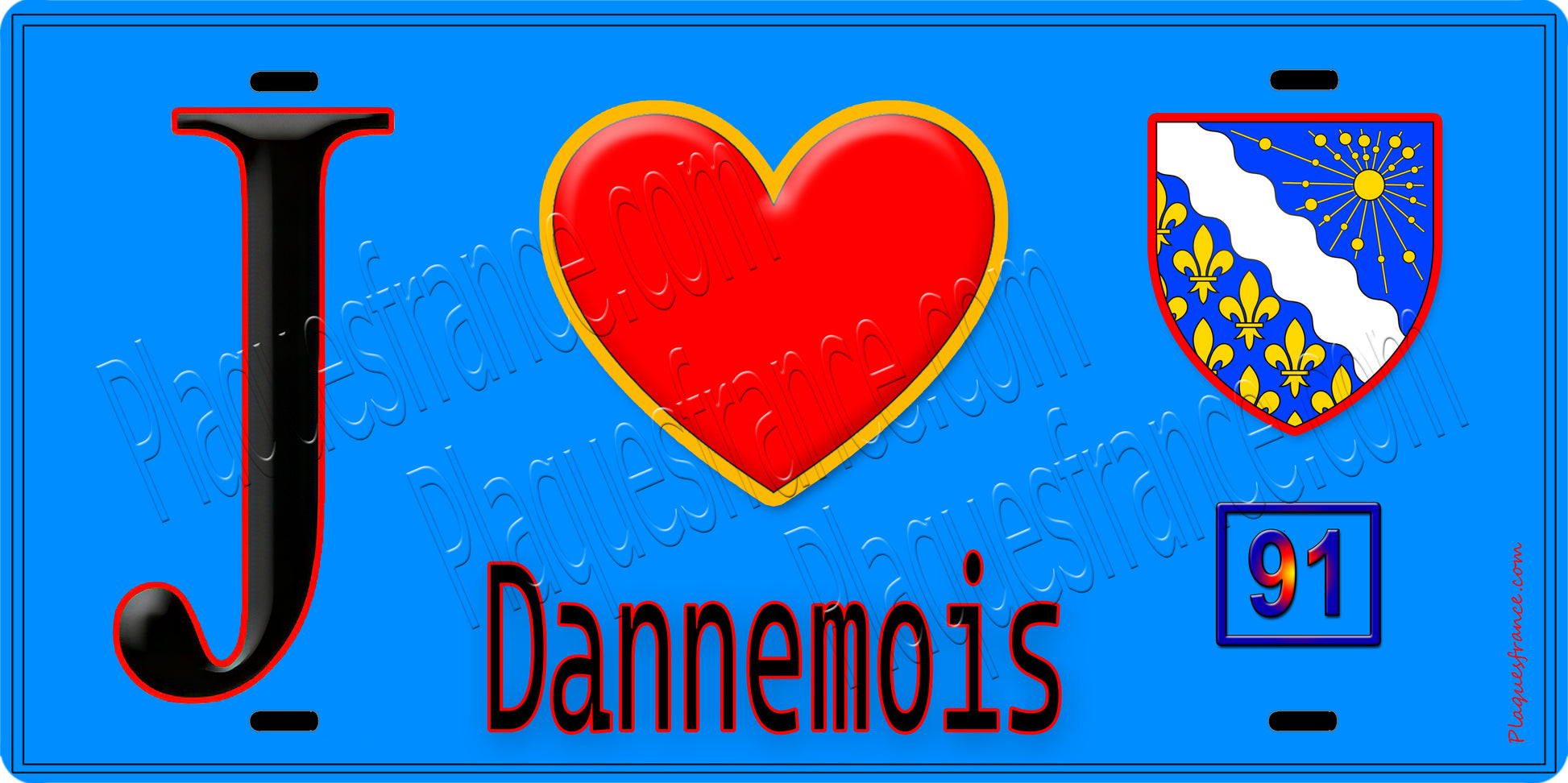 Plaque métal décorative  J' ❤️Dannemois, Essonne (91) fond bleu