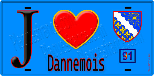 Plaque métal décorative  J' ❤️Dannemois, Essonne (91) fond bleu