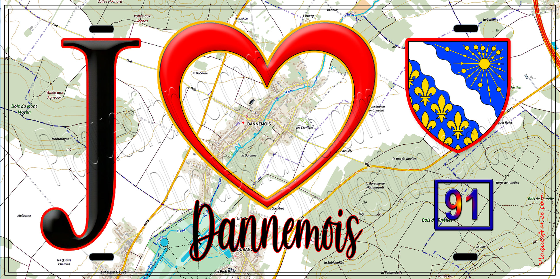 Plaque métal décorative  J' ❤️Dannemois, Essonne (91) fond carte