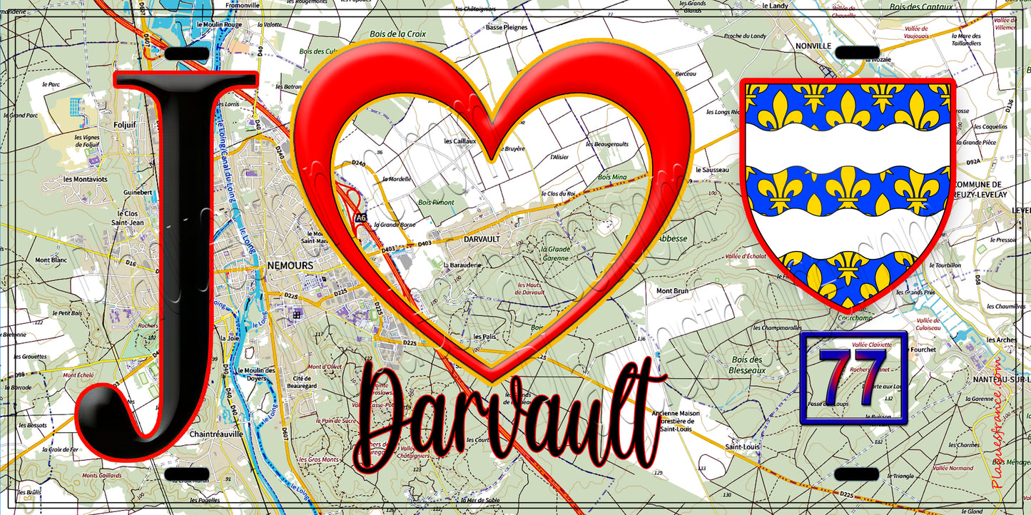 Plaque métal décorative  J' ❤️Darvault, Seine et Marne (77) fond carte