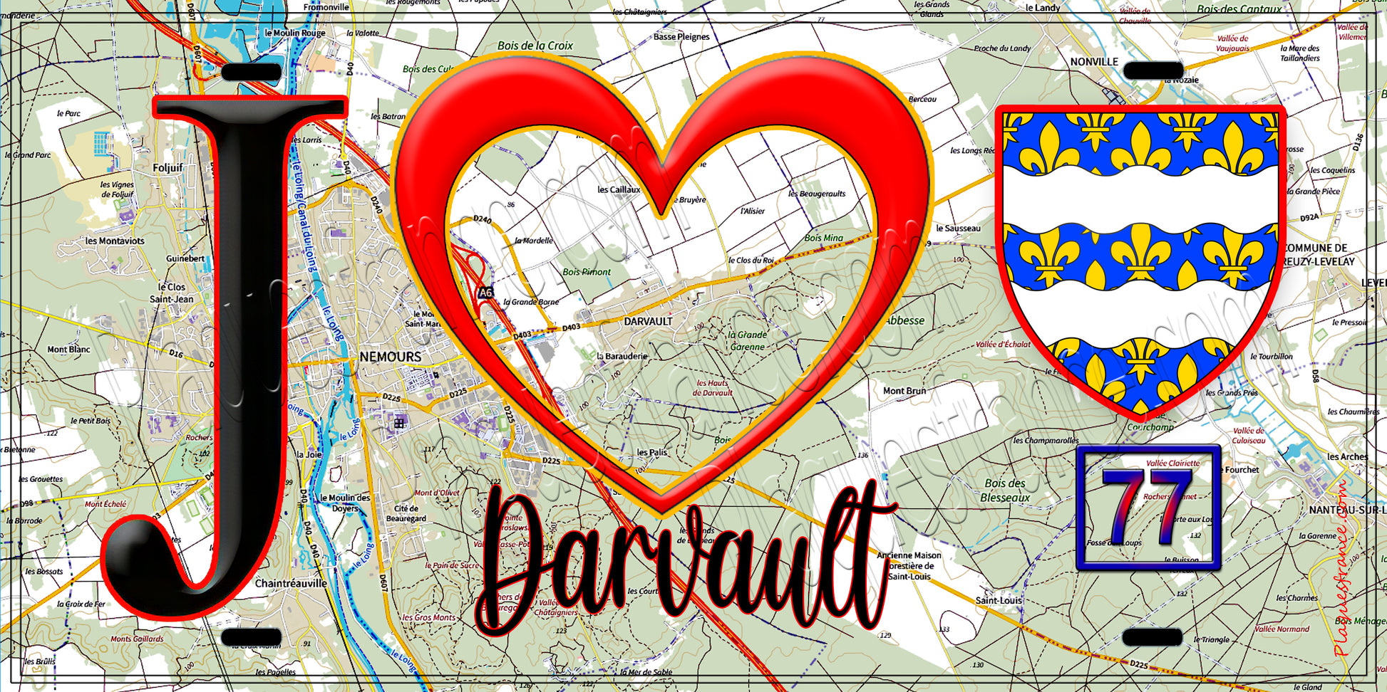 Plaque métal décorative  J' ❤️Darvault, Seine et Marne (77) fond carte