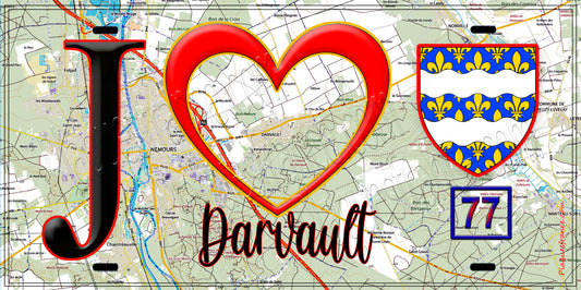 Plaque métal décorative  J' ❤️Darvault, Seine et Marne (77) fond carte