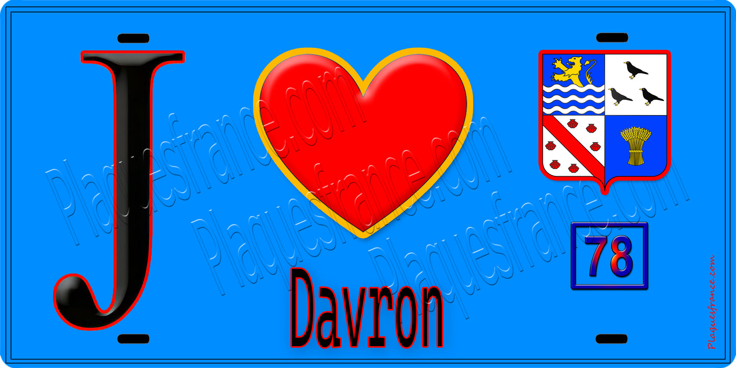 Plaque métal décorative  J' ❤️ Davron, Yvelines (78) fond bleu