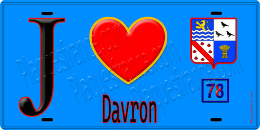 Plaque métal décorative  J' ❤️ Davron, Yvelines (78) fond bleu