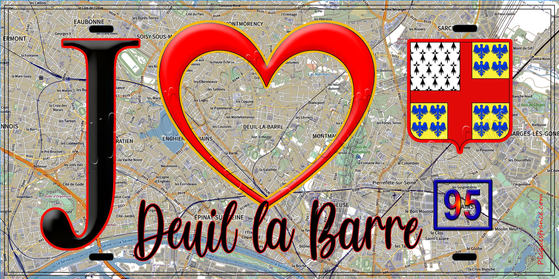 Plaque métal décorative  J' ❤️Deuil-la-Barre, Val d'Oise (95) fond carte