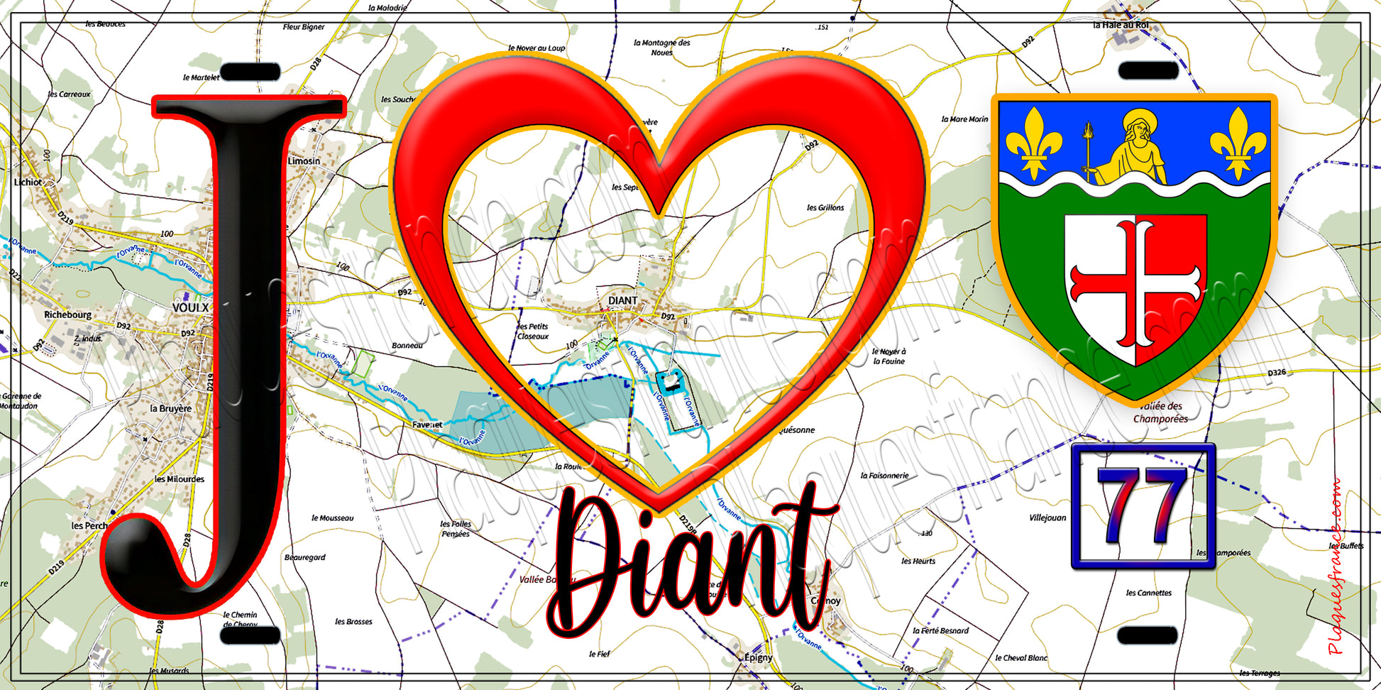 Plaque métal décorative  J' ❤️Diant, Seine et Marne (77) fond carte