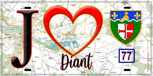 Plaque métal décorative  J' ❤️Diant, Seine et Marne (77) fond carte