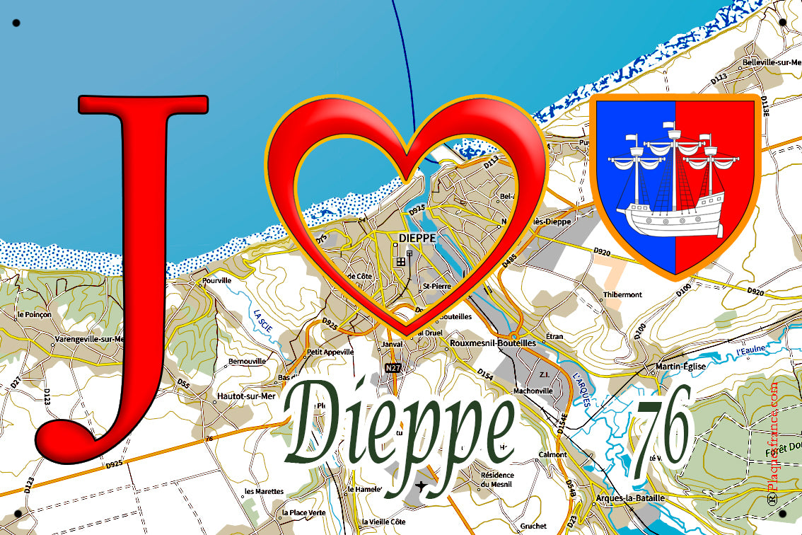 Plaque métal décorative 20cm x 30 cm J' ❤️ Dieppe, Seine Maritime (76)