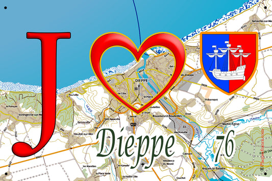 Plaque métal décorative 20cm x 30 cm J' ❤️ Dieppe, Seine Maritime (76)