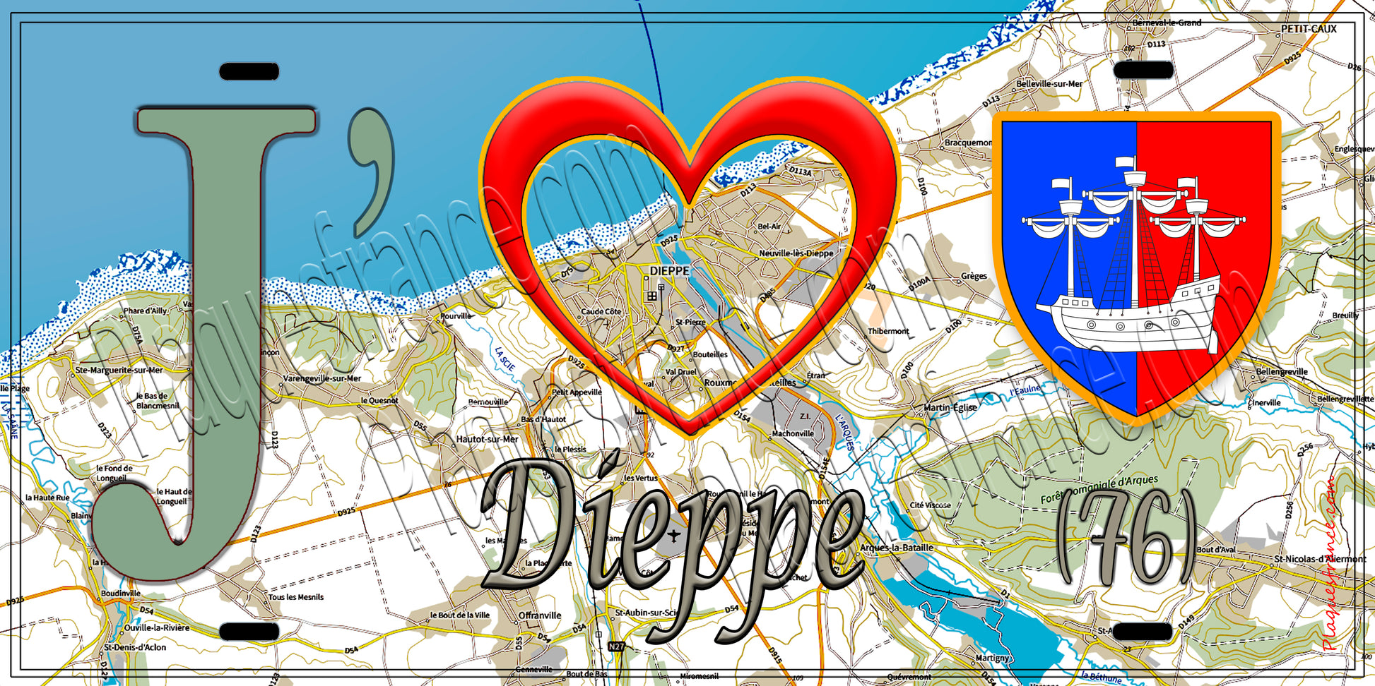 Plaque métal décorative  J' ❤️ Dieppe, Seine Maritime (76) Géo 2